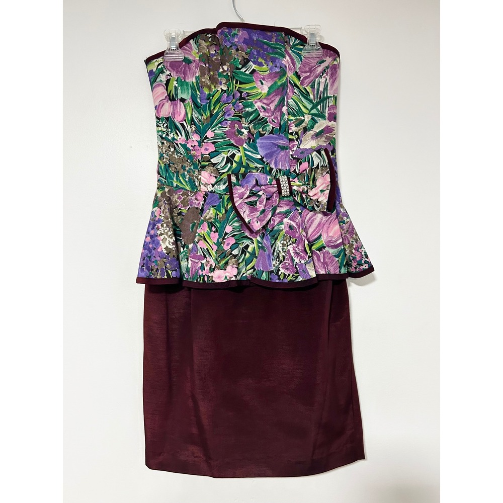 Vintage 80s PROM Jessica Howard Peplum Dress Floral Strapless Rhinestone Bow 8